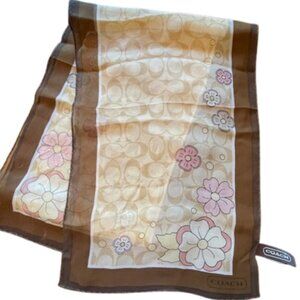 Vintage Coach Y2k 100% Silk Signature Logo & Floral Brown & Pink Skinny Scarf